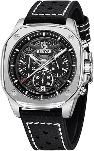 BENYAR Men's Chronograph Watch with Skeleton Dial, Waterproof Luminous Sports Wristwatch, Date Display, Leather Strap, Casual Business Multifunctional Fashion Gift