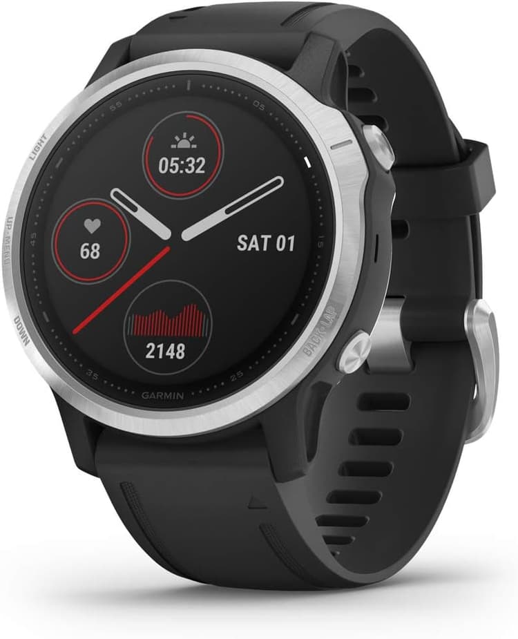 Garmin Fenix 6S - Montre GPS Multisports connectée Haut de Gamme avec paiement sans Contact Garmin Pay - Silver Noir avec Bracelet Silicone Noir - Cadran 42mm Small