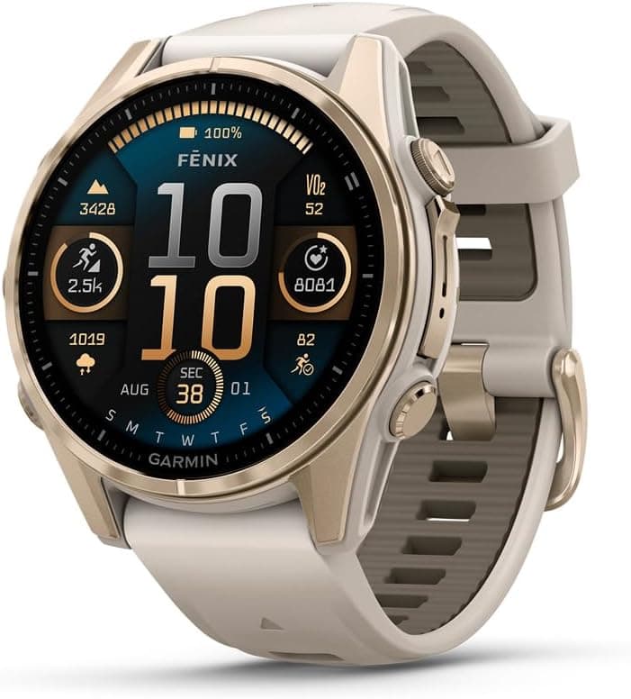 Garmin fēnix® AMOLED Montre Intelligente GPS Multisports Haut de Gamme 8-43 mm, Batterie Longue durée, Lampe de Poche LED intégrée, Couleur Saphir, Or Doux avec Bracelet en grès foncé