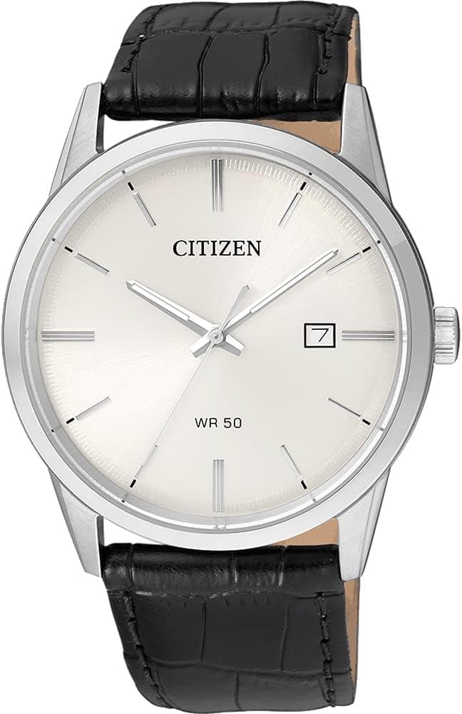 Citizen Quartz Mens Watch, Stainless Steel with Leather Strap, Casual