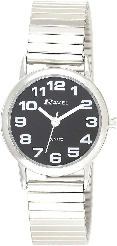 Ravel - Montre Unisexe à Bracelet Extensible en Acier Inoxydable avec Grands Chiffres - Quartz Analogique - R0208