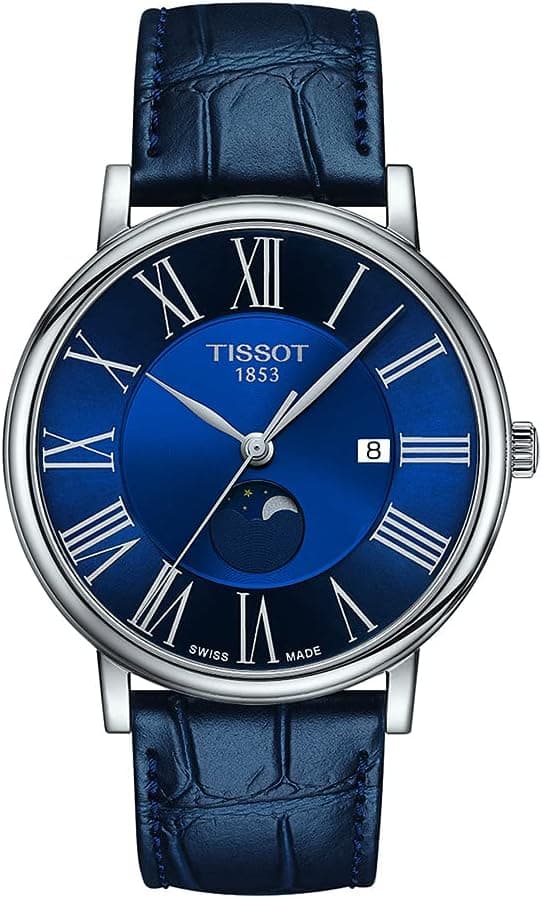 Tissot Mens Tissot Carson Premium Gent Moonphase 316L Stainless Steel case Swiss Quartz Watch, Blue, Leather, 20 (T1224231604300)