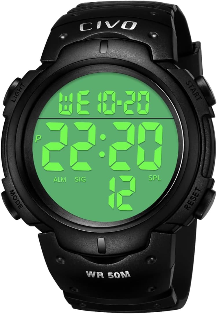 CIVO Montre Homme Sport Militaire étanche Montre Digitale Chronomètre Alarme Lumière LED Montres Bracelet Hommes Numerique Mode Grand Cadran