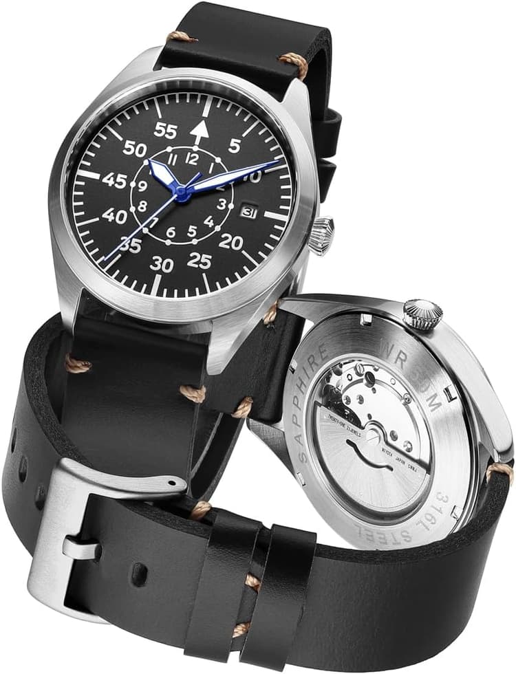 Montre de pilote pour homme - Mouvement automatique japonais - Boîtier en acier inoxydable - Montre flieger avec éclairage étanche