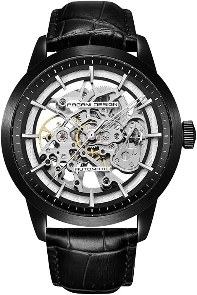 Pagani Design PD-1638 Montre Automatique Squelette pour Homme, Montre Automatique en Acier Inoxydable pour Homme, 43mm de diamètre, Bracelet en Cuir, Collection d'aiguilles, étanche à 100 mètres