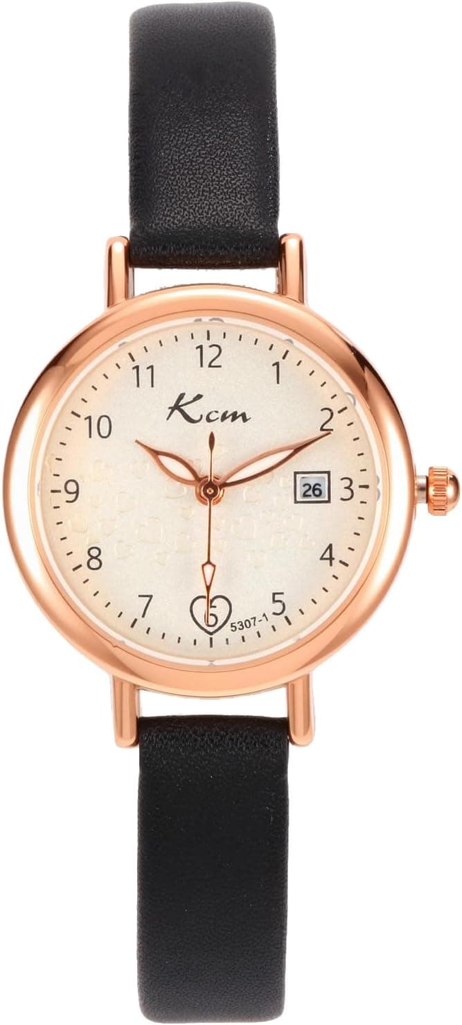 JSDDE Montre Quartz pour Femme avec Bracelet Fine Cuir Montres Analogique Quartz Cadran Rond Or Rose Chiffre Arabes avec Date Calendrier Élégant Montre Habillée Boîtier Motif Coeur pour Poignets Fins