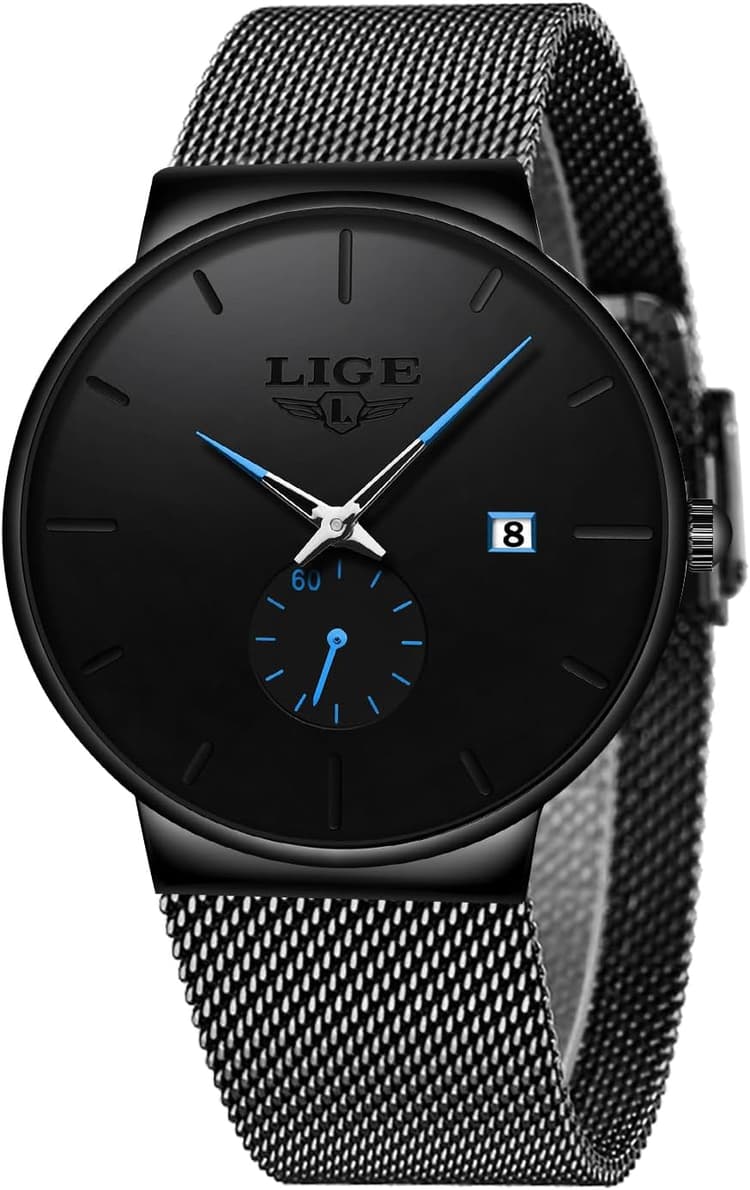 LIGE Montres Homme 3ATM Waterproof Vintage Quartz Date Mens Watches Black Mesh Stainless Steel Strap Business Casual Simple Analogue Wrist Watch Montre Etanche Homme