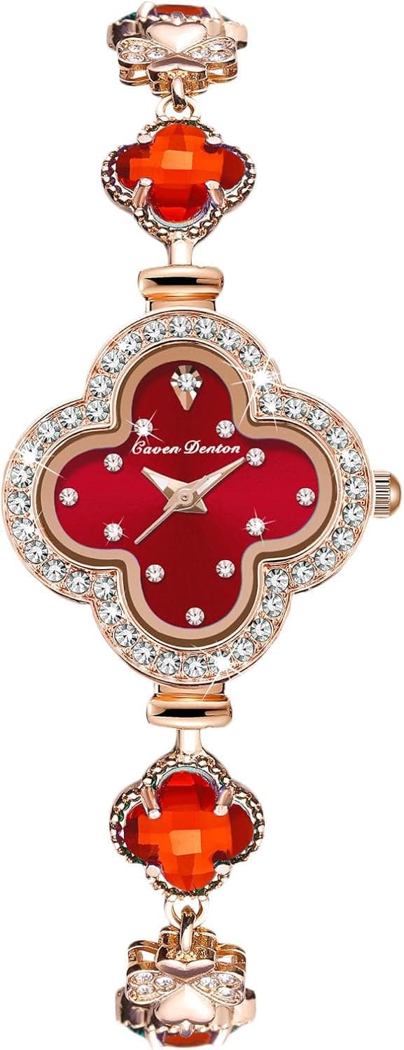 RORIOS Montres Bijoux pour Femme Montre Trèfle Bracelet Montre De Poignet Analogique Quartz Montre Diamant Mode Bracelet Fille Élégant Rouge