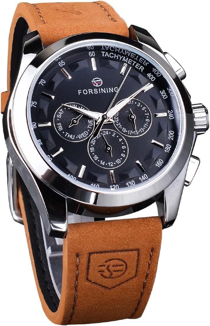 FORSINING Montre-bracelet mécanique pour homme à remontage automatique - Bracelet en cuir véritable - Étanche - Lumineuse - Style décontracté
