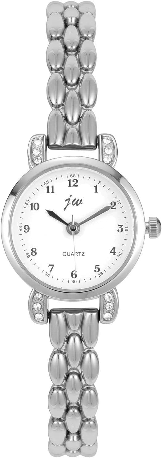 Montre Femme Quartz avec Bracelet Métal Brillant Strass Montres Analogique Quartz Petite Cadran Rond Chiffres Arabes Montre Habillée Boîtier Blanc Facile à Lire Heures et Minutes Poignets Fins