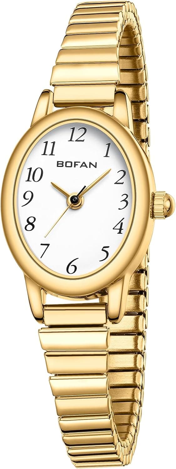BOFAN Small Gold Watches for Women Easy Read Ladies Quartz Wrist Watch with Stainless Steel Expansion Band,Waterproof.