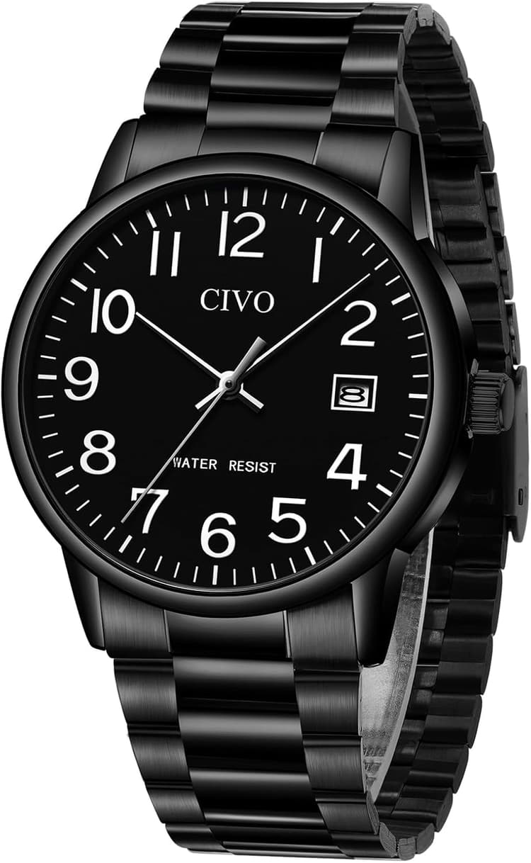 CIVO Watches for Men Analog Quartz: Waterproof Watch with Numeral Dial Easy to Read for Seniors Low-Vision - Black Dress Mens Wrist Watch Stainless Steel - Gifts for Husband Father at Birthday