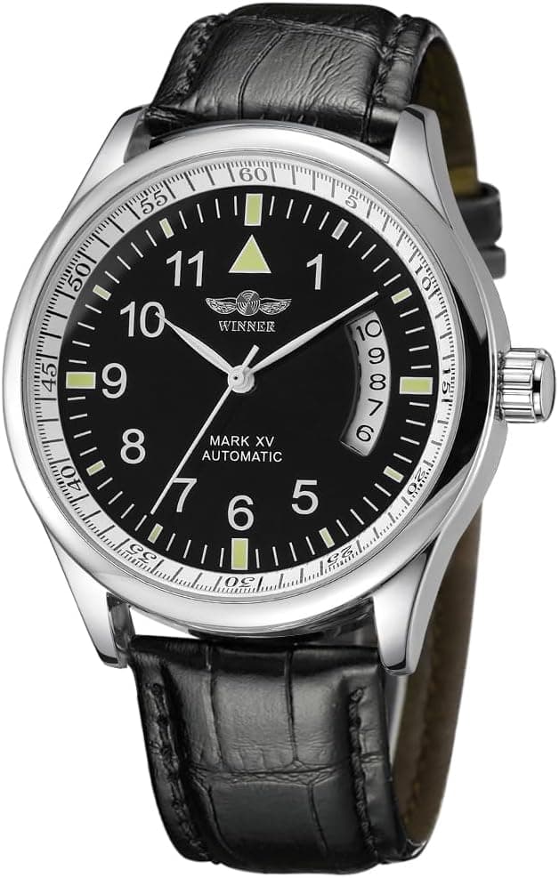 VIGOROSO Men's Mechanical Watches Day Date Black Leather Automatic Self Winding Watch for Men