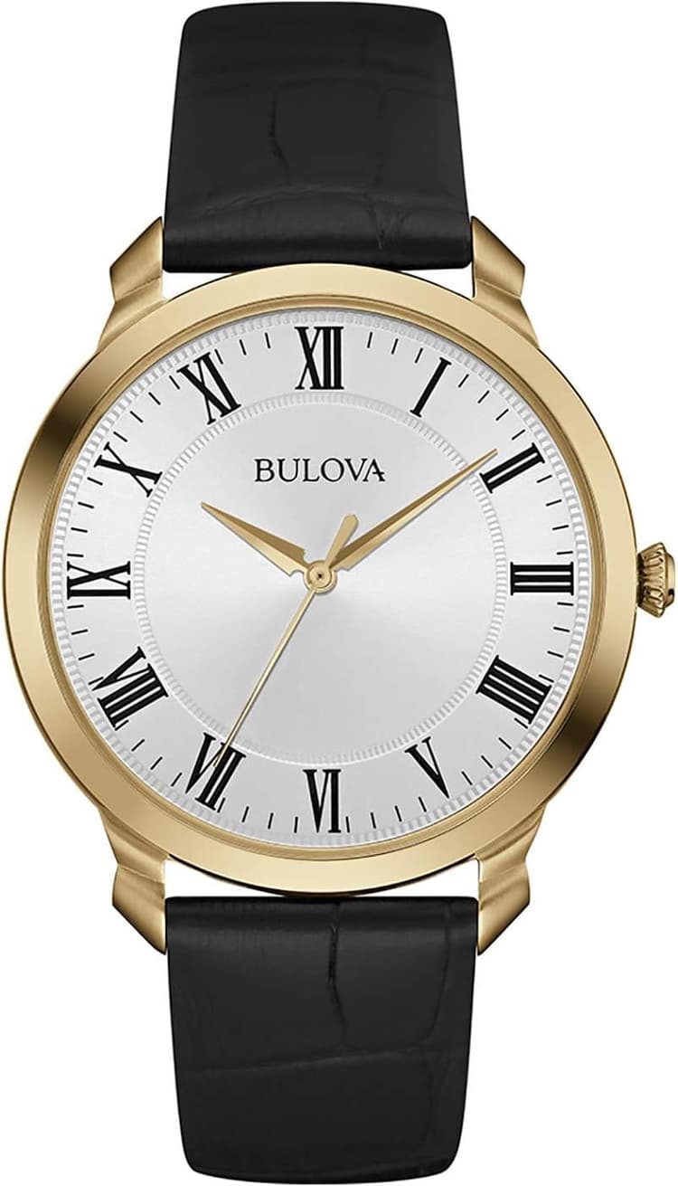 Bulova Men's Classic 3-Hand Quartz Black Leather Strap Watch, Roman Numeral Markers, 41mm
