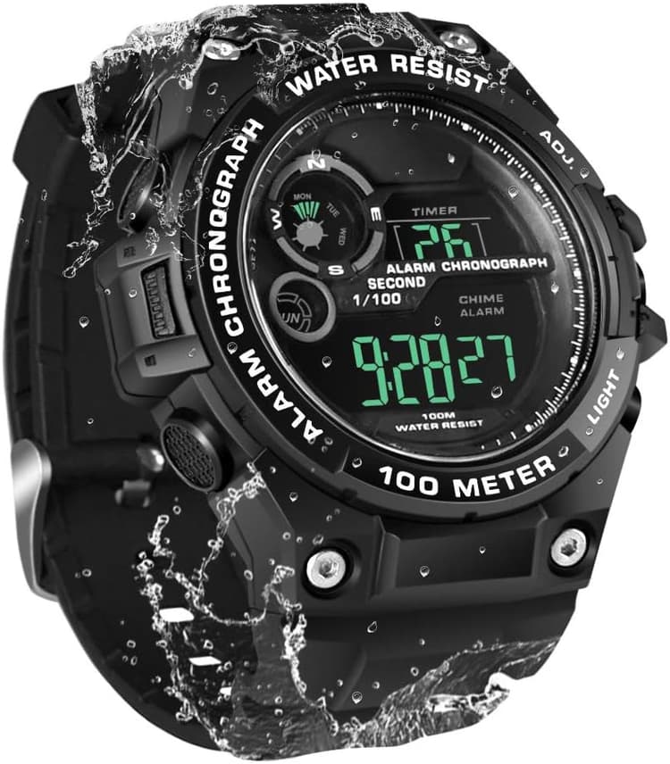 100m sous l'eau Plongée sous-Marine Montre Bracelet pour Hommes Garçons avec Fonctions d'Chronomètre, Chronographe, Alarme, Double Fuseau Horaire, Format 12/24 Heures