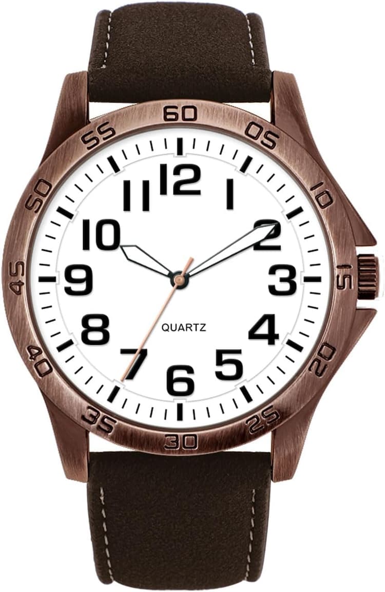 NUOVO Montre analogique à quartz pour homme, bracelet en cuir marron, boîtier couleur cuivre, cadran blanc avec grands chiffres, montre vintage tendance