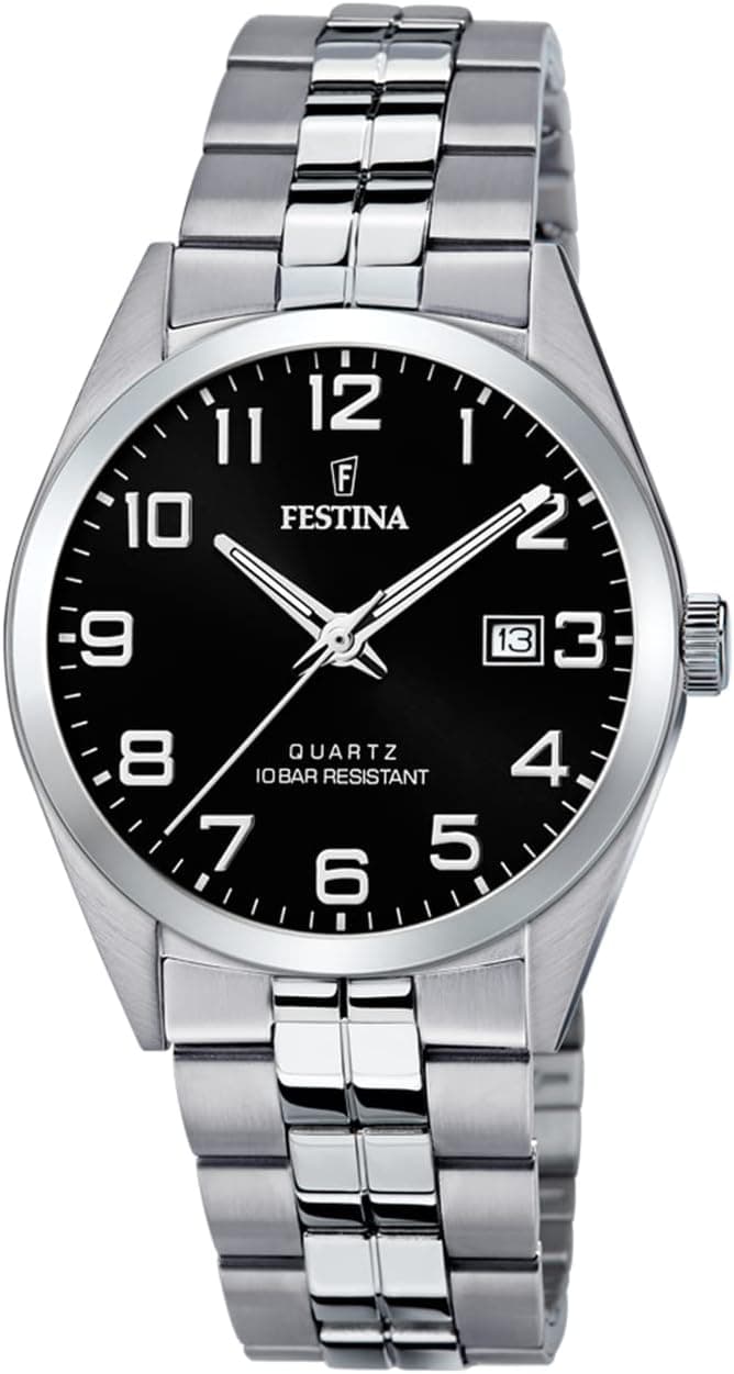 Festina Montre Homme Analogique en Acier Inoxydable 316L Argenté - Mouvement Quartz - Calendrier - Verre Minéral Haute Résistance - Étanche 10 ATM F20437