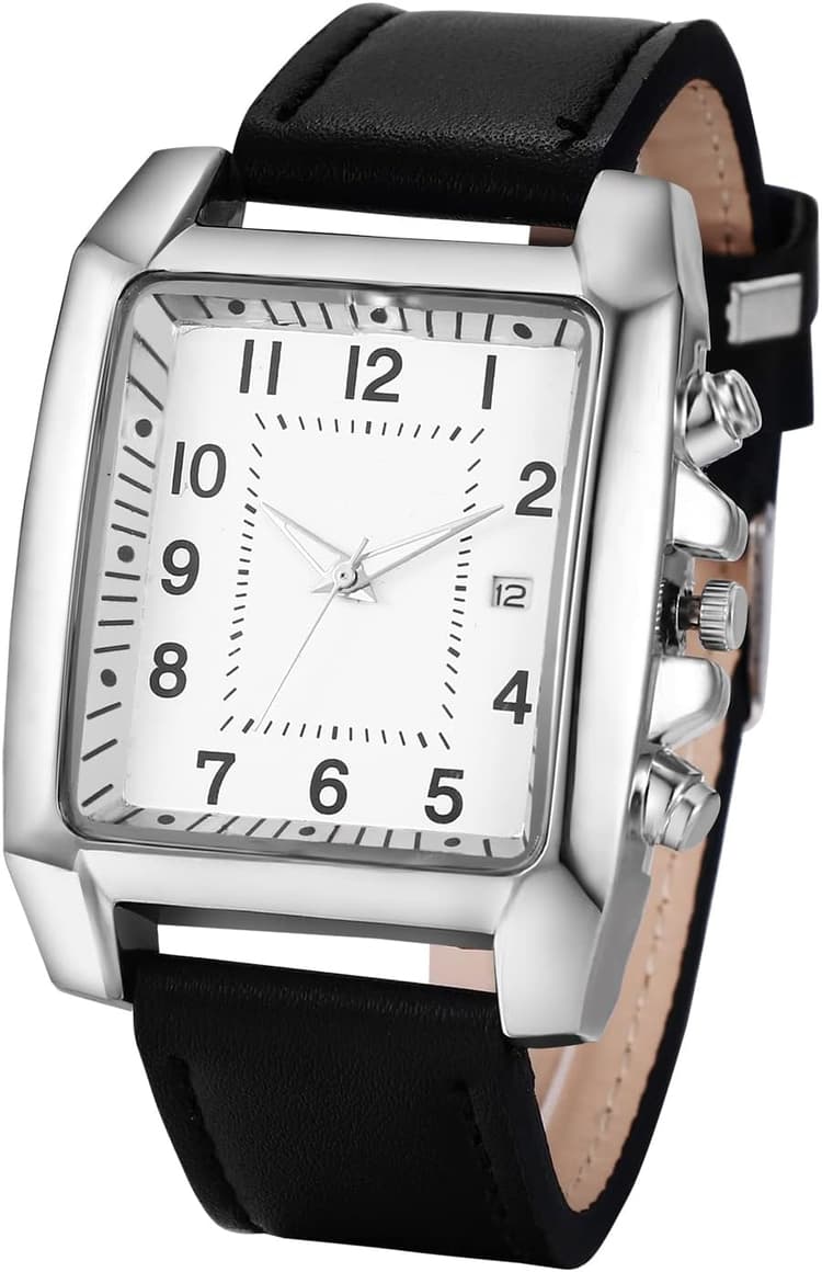 JewelryWe Montre Homme en Cuir,Montre Homme Rectangulaire à Bracelet Analogique Quartz,1ATM Etanche,Montre Vintage Simple avec Calendrier et Gros Cadran,Cadeau pour Homme