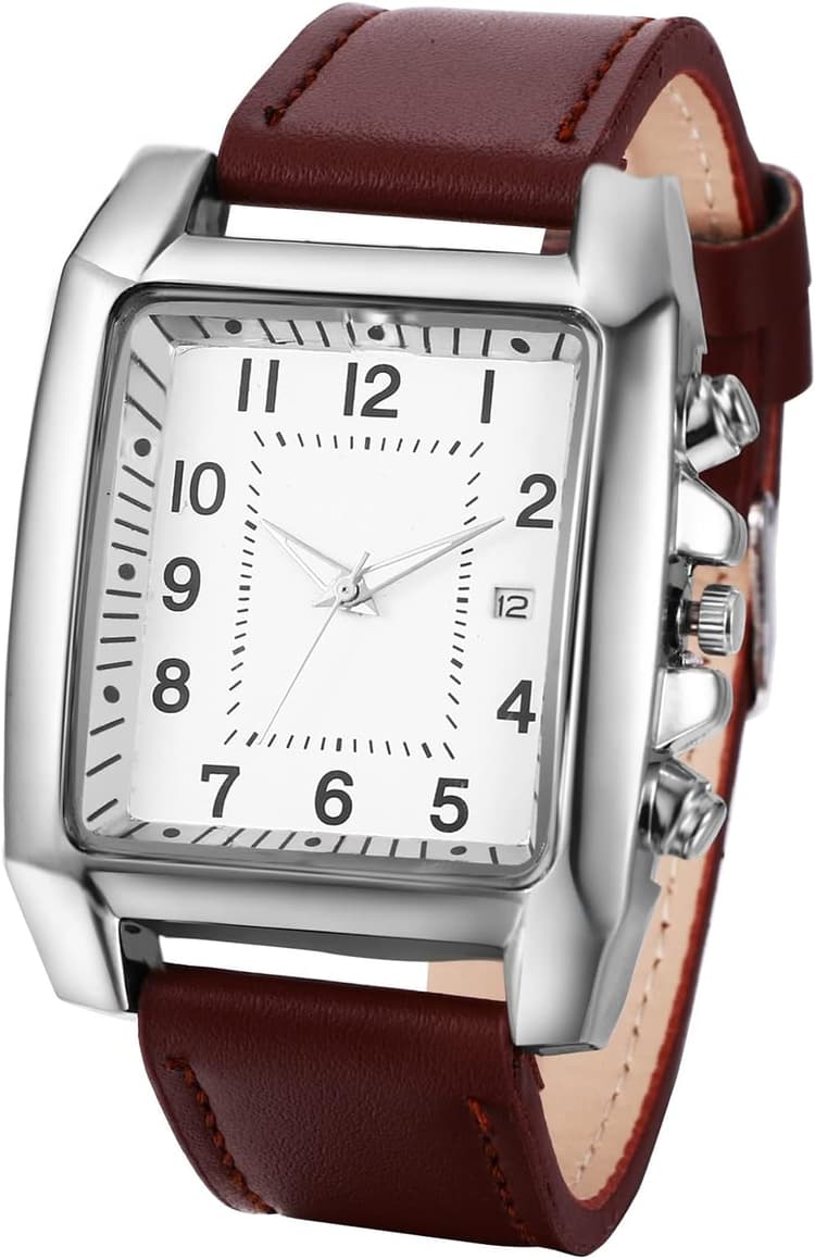 JewelryWe Montre Homme en Cuir,Montre Homme Rectangulaire à Bracelet Analogique Quartz,1ATM Etanche,Montre Vintage Simple avec Calendrier et Gros Cadran,Cadeau pour Homme