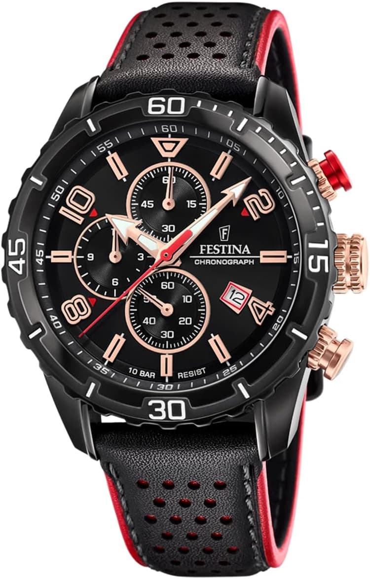 Festina Montre Homme Analogique avec Bracelet en Cuir - Mouvement Quartz - Chronographe - Calendrier - Verre Minéral Haute Résistance - Étanche 10 ATM - Élégante F20519 Chrono Sport