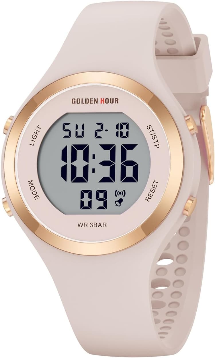 GOLDEN HOUR Montre Digitale femme, étanche 5 ATM chronographe de sport bracelet en silicone, montre-bracelet pour femme, montres sportives élégantes pour femme avec date, cadran lumineux facile à lire
