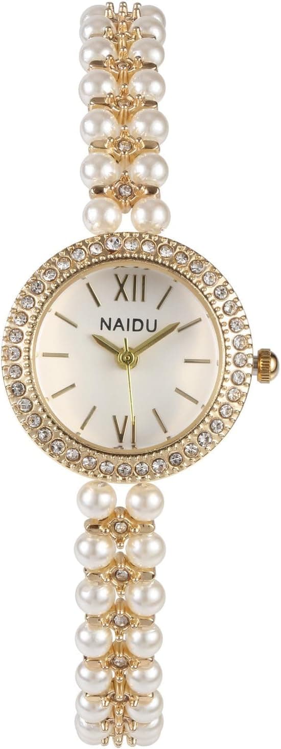 JSDDE Montre pour Femme avec Bracelet Fin en Perles et Strass, Élégant Montres Analogique Quartz Cadran Rond Brillant Pavé de Strass Chiffres Romains, Montre Habillée Poignet en Acier pour Filles