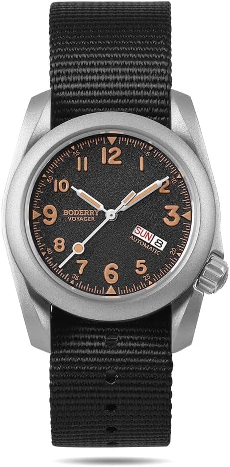 BODERRY Men's Watch Titanium Automatic Field Watch 40mm Military Watch Day Date Function 100M Waterproof with Nylon Strap Japanese Mechanical Movement & Screw Down Crown—Voyager