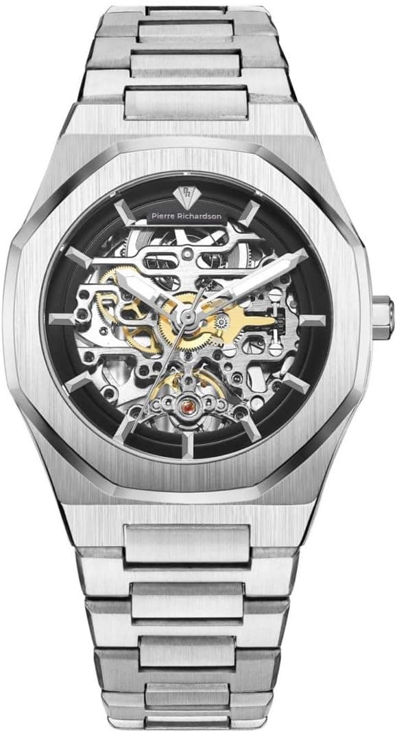 PIERRE RICHARDSON PR5721 Men’s Skeleton Watch, Silver Stainless Steel, Automatic, 41mm, Sapphire, 5ATM