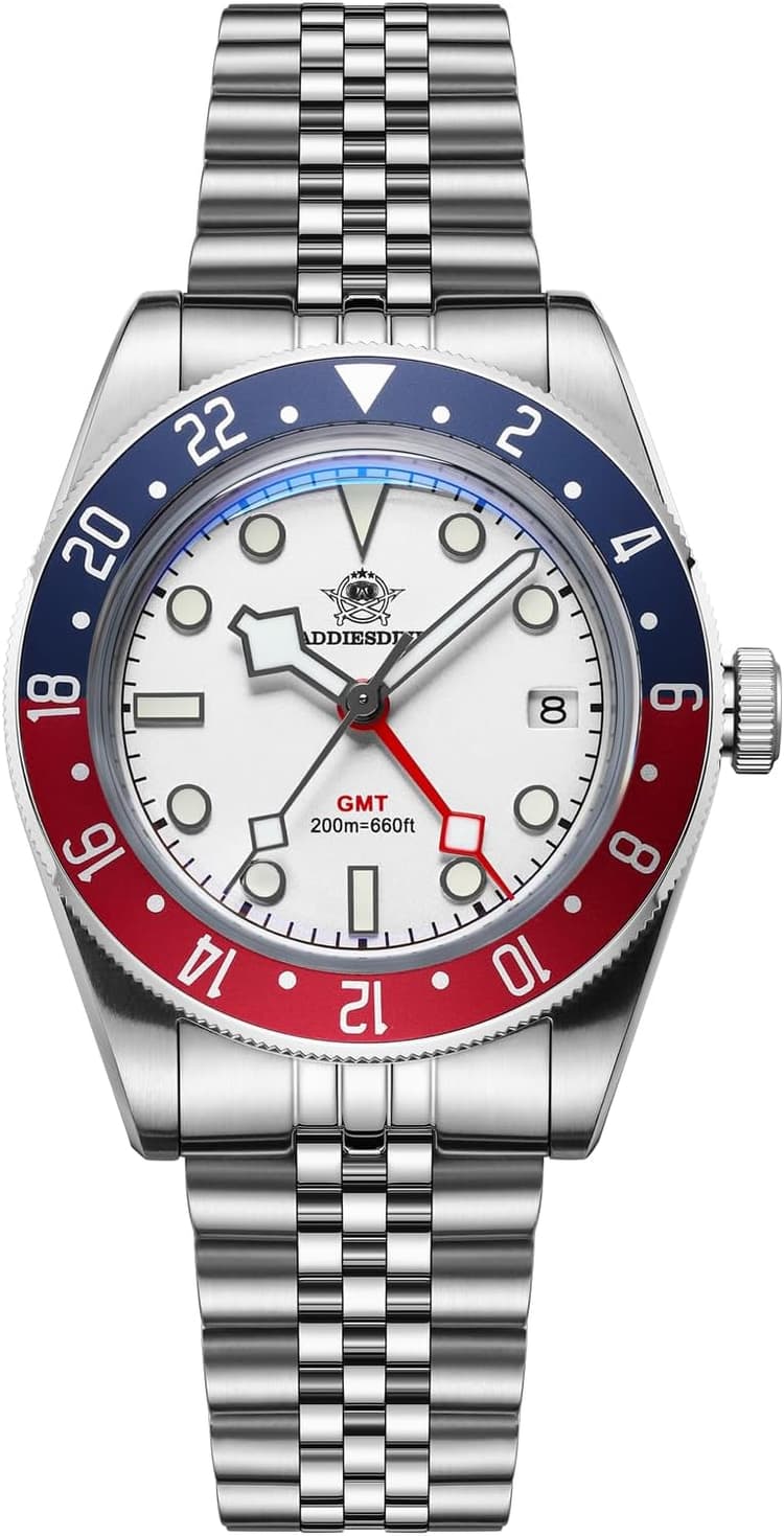 ADDIESDIVE GMT Montres pour hommes Mouvement à quartz suisse Diver 200M étanche Multicolore Cadran luminescent