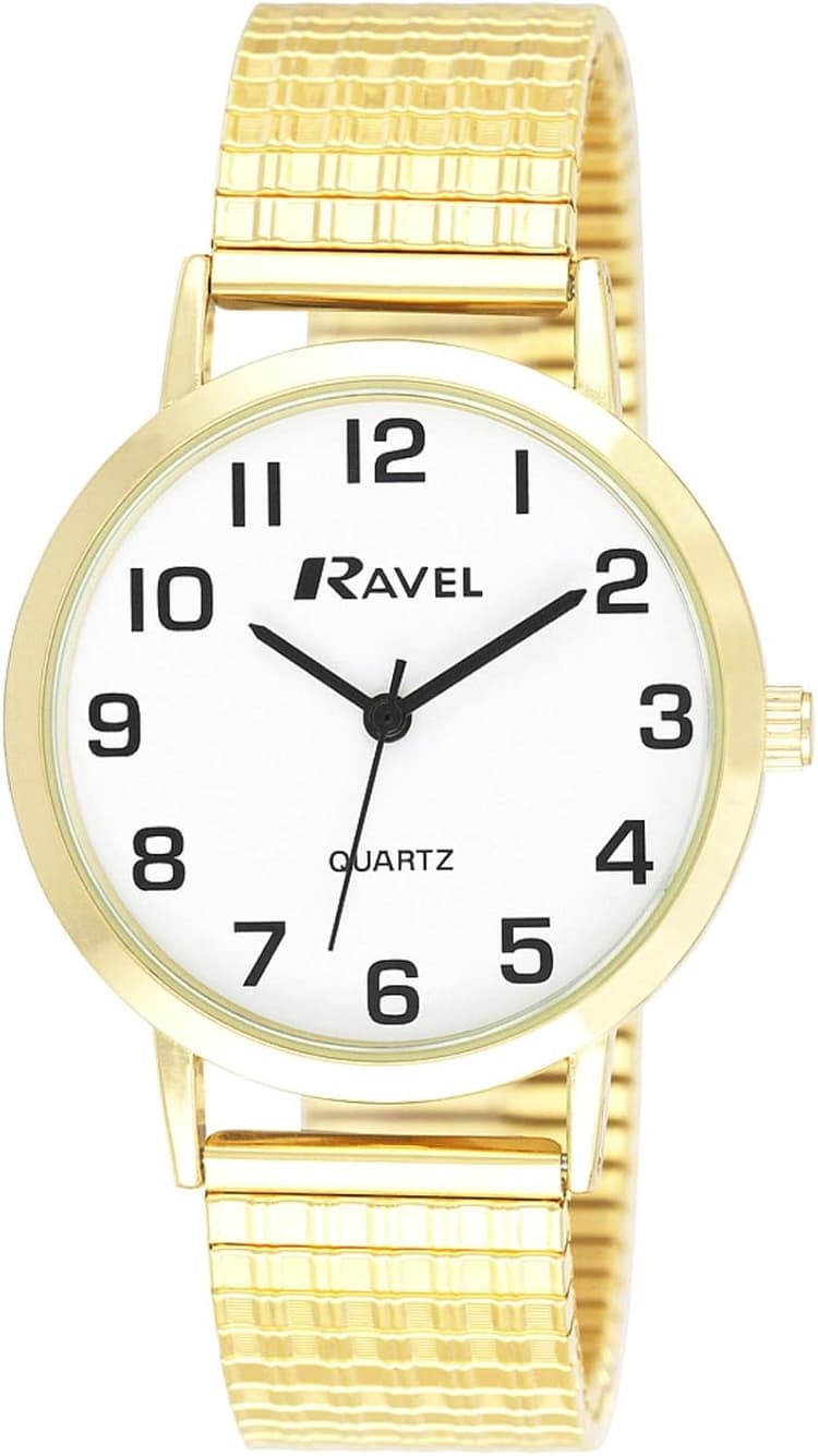 Ravel - Montre Unisexe Traditionnelle avec Cadran à Chiffres clairs sur Bracelet Extensible en Acier Inoxydable