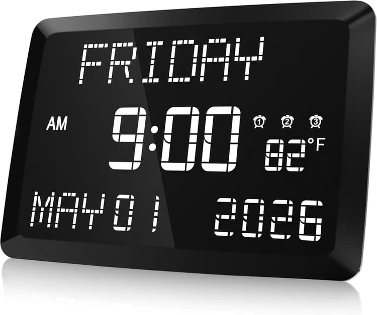 Raynic Digital Clock, 11.5" Large Display Calendar Clock with Day and Date, Indoor Temperature, Adjustable Brightness, Snooze,12/24H, DST for Home, Office, Elderly