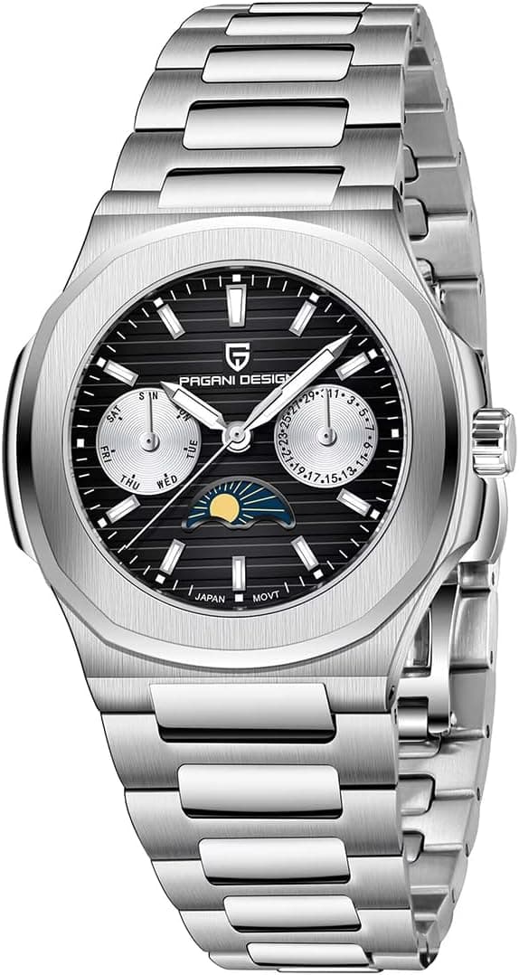 Pagani Design PD1786 Montre à Quartz Multifonction pour Homme avec chronographe et Phase de Lune Automatique Date et Semaine
