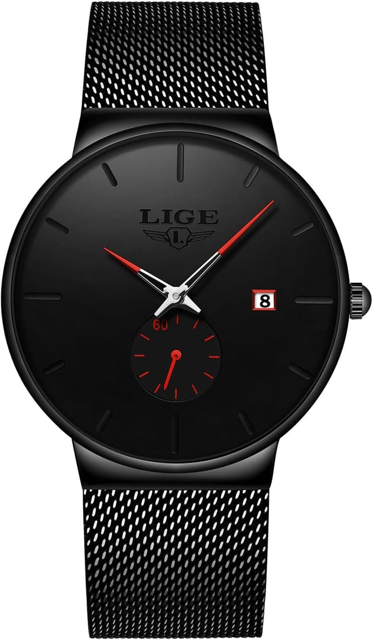 LIGE Montres Homme 3ATM Waterproof Vintage Quartz Date Mens Watches Black Mesh Stainless Steel Strap Business Casual Simple Analogue Wrist Watch Montre Etanche Homme