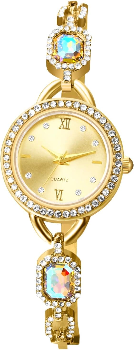 JewelryWe Montre Femme Fantaisie en Zircon: Montre Bracelet Mince avec Zircon Colorés et Cadran Soleil Quartz - Bijou Élégant pour Cadeau Anniversaire, Fête des Mères ou Noël