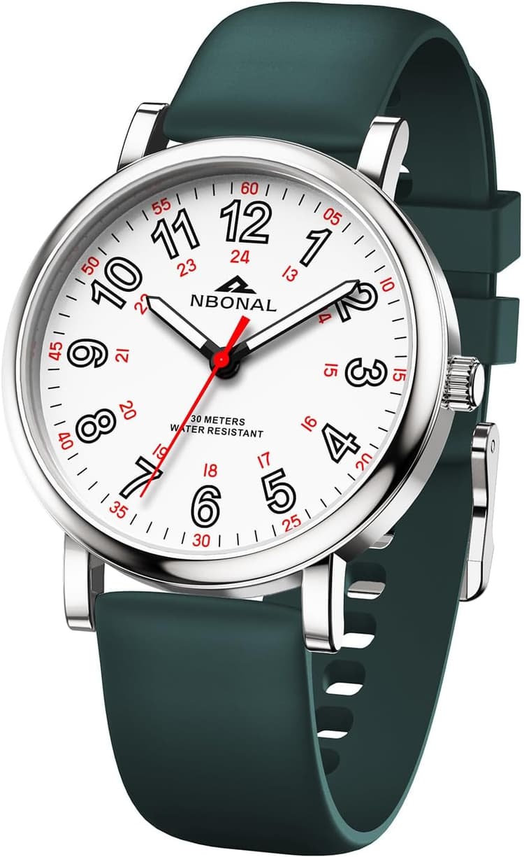 NBONAL Nurse Watch for Medical Doctor Professionals Student Easy Read Dial with Luminous 24 Hours Red Second Soft Silicone Band 30M Waterproof