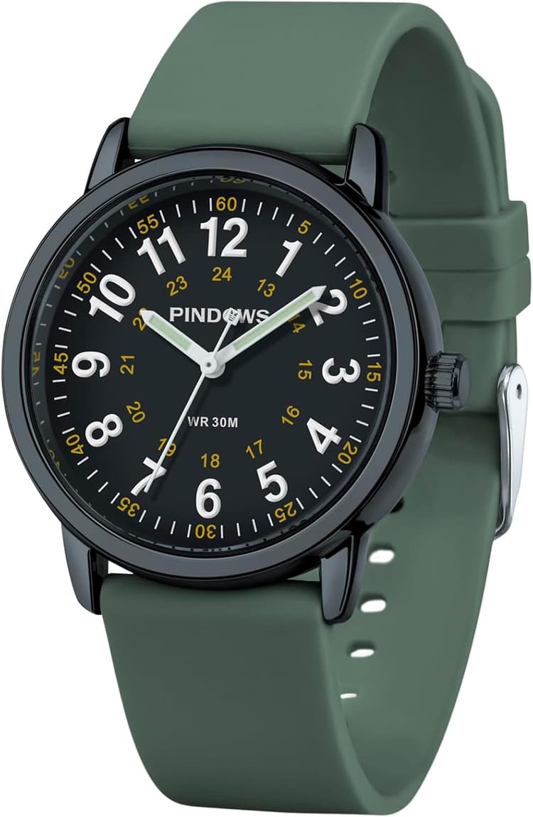 PINDOWS Montre-Bracelet à Quartz analogique pour Femmes, avec Bracelet en Silicone, pour Jeunes Femmes, étudiantes, Facile à Lire, étanche, Unisexe, Cadran Lumineux.