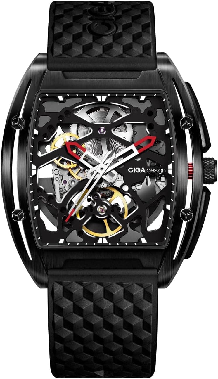 CIGA Design Edge Montre Automatique Homme, Montre Bracelet Mécanique Squelette Tonneau,Boîtier Titane/Acier, Bracelet en Silicone, Cadeau Homme