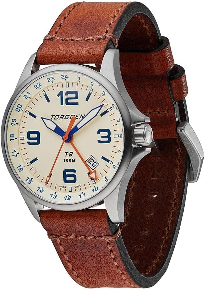 Torgoen T9 Cream GMT Pilot Watch for Men, Swiss Quartz, Mineral Crystal with Vintage Brown Leather Strap