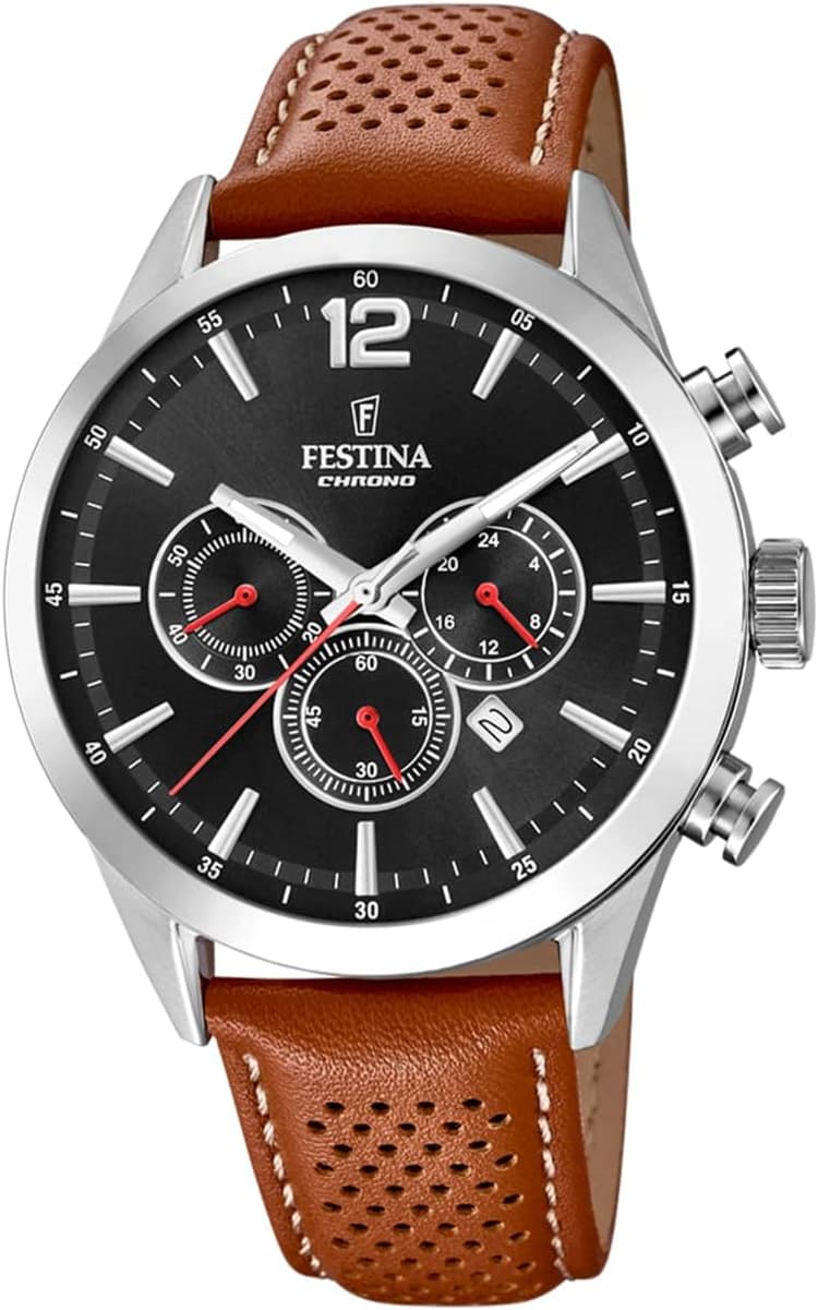 Festina Montre Homme Analogique avec Bracelet en Cuir Marron - Mouvement Quartz - Chronographe - Calendrier - Verre Minéral Haute Résistance - Étanche 5 ATM - Élégante F20542/6 Timeless Chronograph
