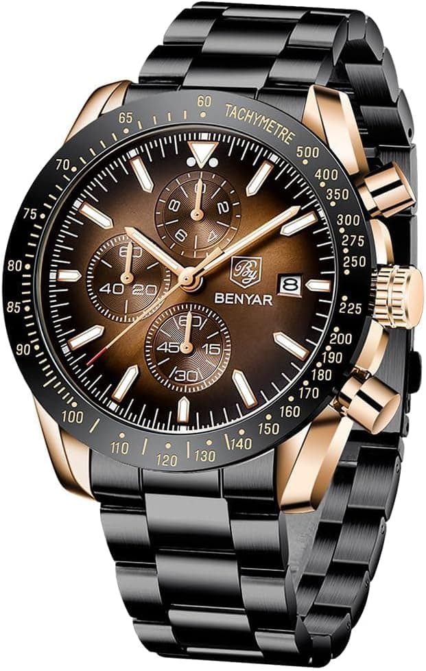 BY BENYAR Montre Homme Chronographe Analogique Quartz Etanche Date Grand Cadran Classique Mode Affaires Montres Bracelet élégant pour Hommes