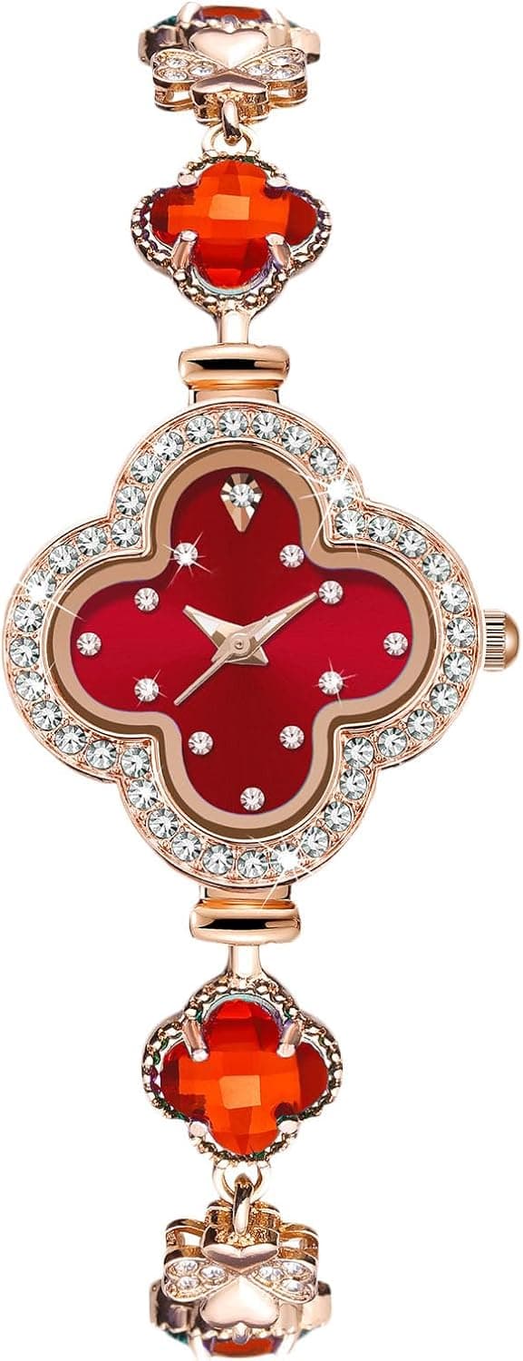 RORIOS Montres Bijoux pour Femme Montre Trèfle Bracelet Montre De Poignet Analogique Quartz Montre Diamant Mode Bracelet Fille Élégant Rouge
