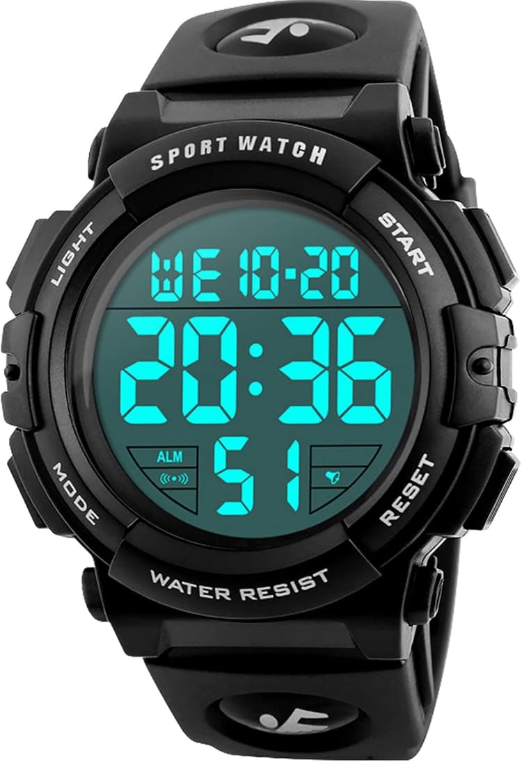 Montre Homme Digitale Sport Militaire,50M Multifonction Étanche LED Lumière Alarme Calendrier Alarme Calendrier Chronomètre 12/24H Noir