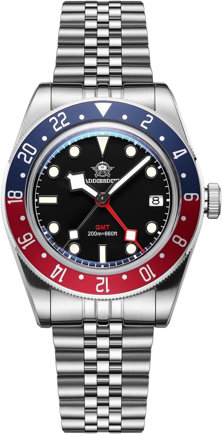 ADDIESDIVE GMT Montres pour hommes Mouvement à quartz suisse Diver 200M étanche Multicolore Cadran luminescent