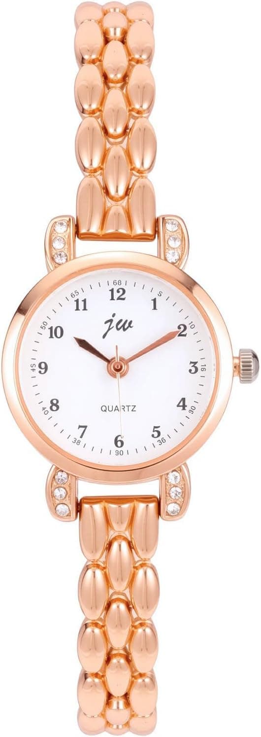 JSDDE Montre Femme Quartz avec Bracelet Métal Brillant Strass Montres Analogique Quartz Petite Cadran Rond Chiffres Arabes Montre Habillée Boîtier Blanc Facile à Lire Heures et Minutes Poignets Fins