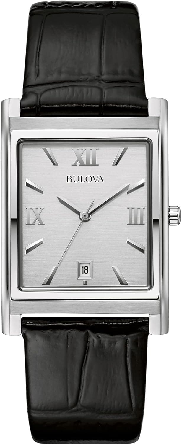 Bulova Men's Stainless Steel 3-Hand Calendar Date Quartz Watch with Black Leather Strap, Rectangle Dial Style: 96B107