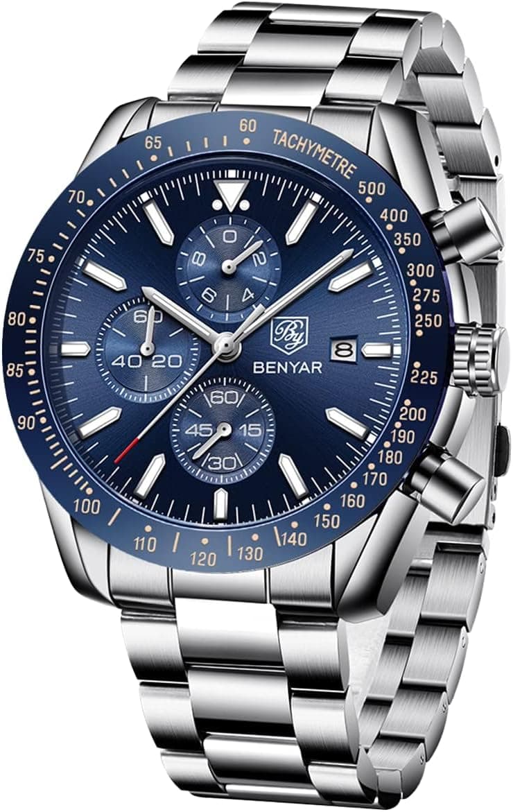 BY BENYAR Montre Homme Chronographe Analogique Quartz Etanche Date Grand Cadran Classique Mode Affaires Montres Bracelet élégant pour Hommes