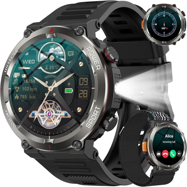 Montre Connectée Homme, Militaire Smartwatch Appels Bluetooth, Torche LED, 1.45'' HD, Batterie 960mAh, Fréquence Cardiaque, Sommeil, SpO2,120+ Modes Sportifs, Étanche IP68, 2 Sangles, Android iOS