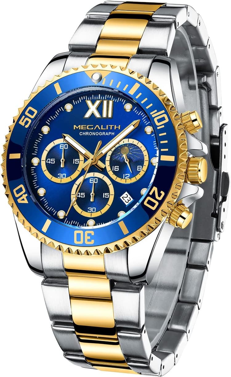 MEGALITH Montre Homme Acier Chronographe Quartz Grand Cadran Montres Bracelets Etanche Lumineuses Date - Cadeaux pour Hommes