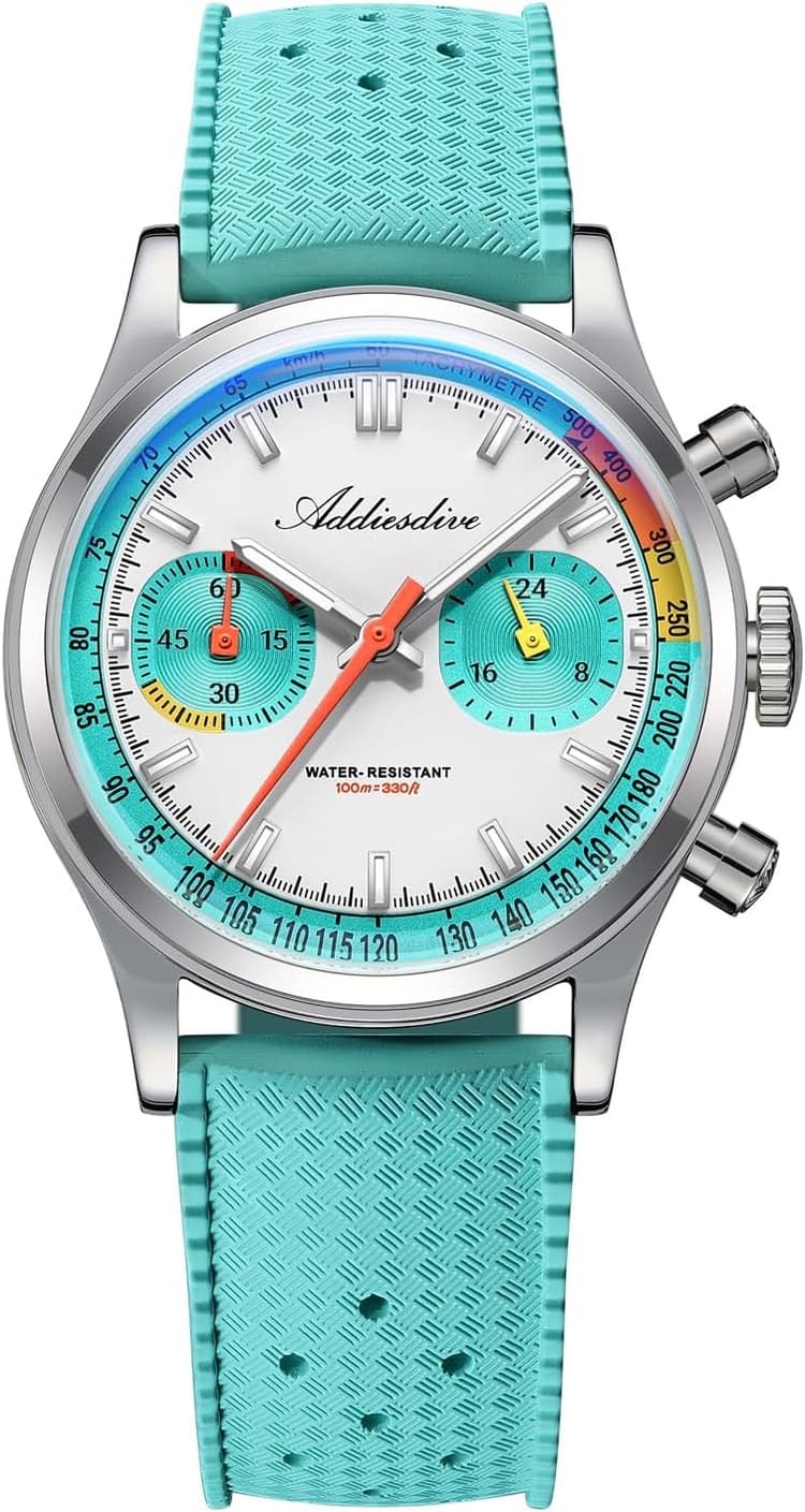 ADDIESDIVE 38 MM Chronograph Watch VK64 Sweep Second Movement Tachymeter Mark FKM Rubber Strap BGW9 Super Lume Colourful Outdoor Sports Watches for Men Women