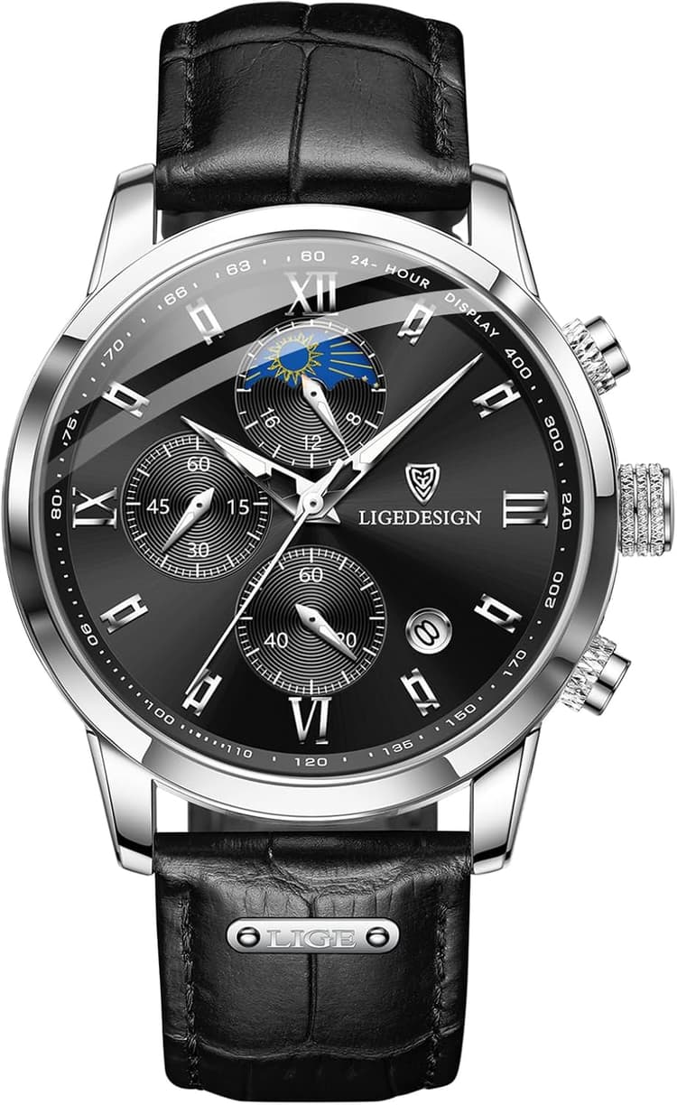 LIGE Montre Homme Etanche Cuir Montres Hommes Rétro Élégante Analogique à Quartz Chronographe Date Phase de Lune Aiguilles Luminescentes Vintage Waterproof Mens Watches,Or et Noir